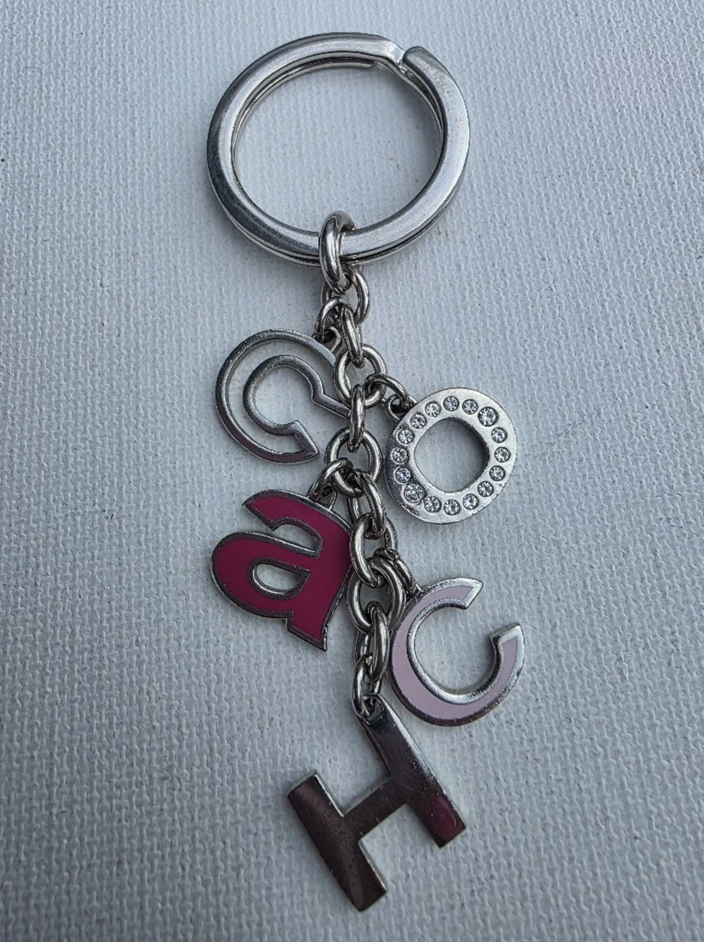 Y2K Coach Silver Key Ring with Pink Letter Charm Rhinestone Enamel